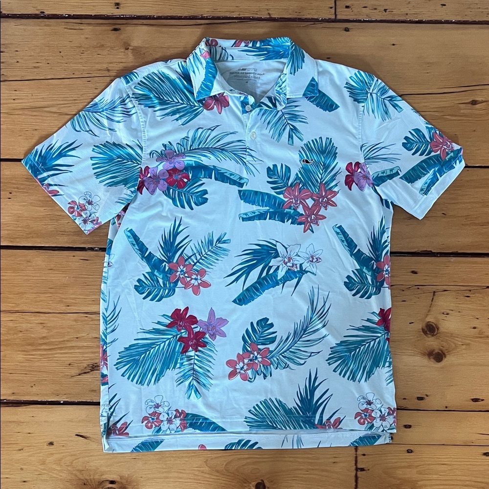 Vineyard Vines Tropical Blue and Pink Polo Shirt